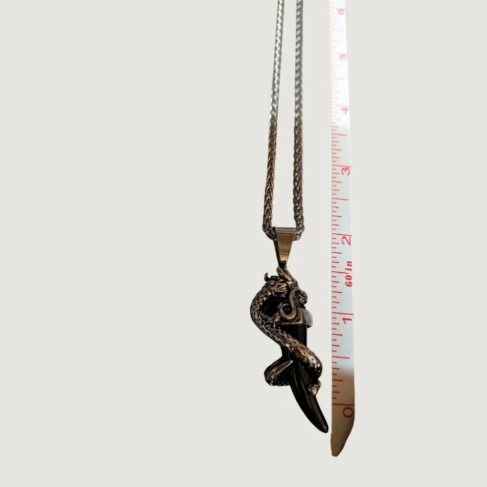 Mens Dragon Tusk Pendant Necklace Silver Tone Wheat Chain Gothic Biker Jewelry